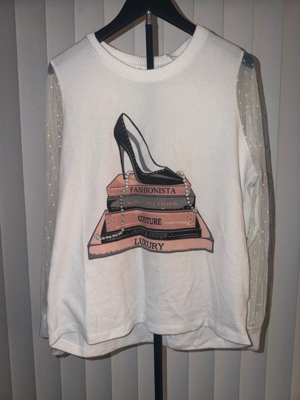 White Sweater with Sheer Polka Dot Sleeves & Fashion Graphic